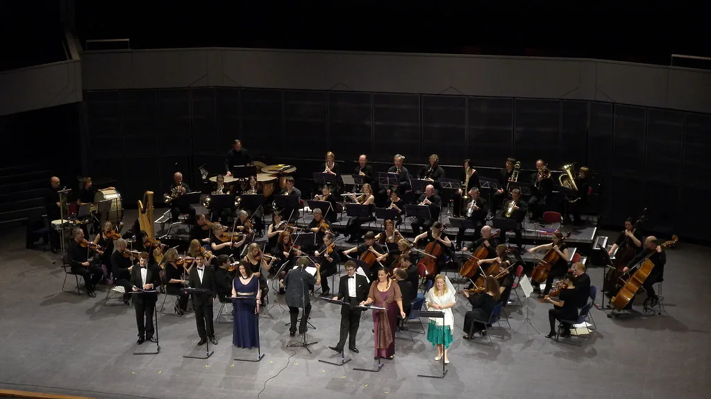 Chef dirigeant un orchestre sur scène Chef dirigeant un orchestre sur scène
