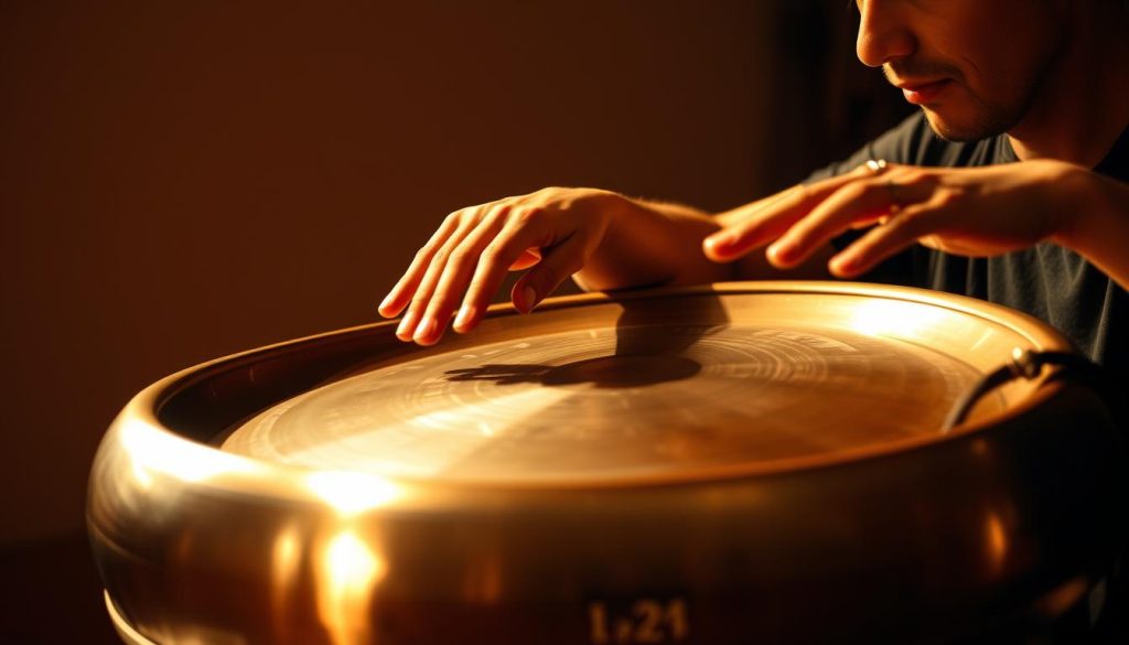 A skilled handpan player performing a dynamic progression, their fingers deftly dancing across the instrument's metallic surface. The handpan's resonant tones fill the air, creating a meditative ambiance. The player is captured in mid-motion, their face reflecting deep concentration and musical expression. Warm, directional lighting accentuates the handpan's hypnotic, mesmerizing patterns, casting gentle shadows that add depth and texture to the scene. The background is blurred, keeping the focus solely on the player's mastery and the handpan's captivating performance.