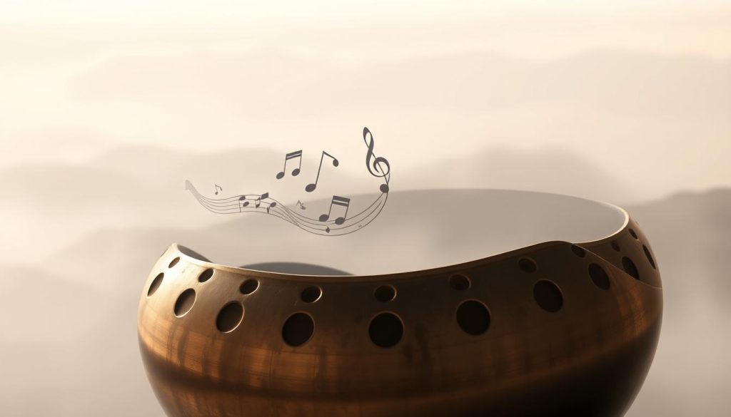 A well-lit, finely detailed handpan instrument set against a soft, atmospheric background. The handpan's intricate sound holes and textured surface are rendered with precision, capturing its unique visual character. The middle ground features abstract musical symbols, flowing and intertwined, suggestive of the handpan's harmonic properties. The background depicts a serene, dreamlike landscape, with muted tones and a sense of tranquility, conveying the meditative quality of the handpan's music. The overall composition strikes a balance between the mechanical and the organic, the technical and the expressive, to visually represent the core essence of handpan music.