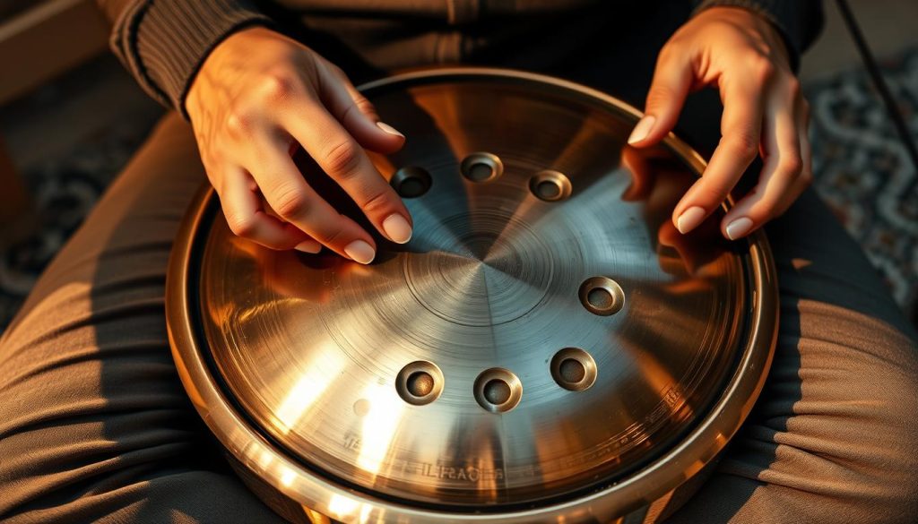 A close-up shot of a handpan, a unique musical instrument with a distinctive pentatonic scale. The handpan is positioned on the performer's lap, their hands delicately striking the circular indentations to produce a mesmerizing, resonant tone. The image captures the technical nuances of the pentatonic technique, showcasing the player's skilled movements and the instrument's intricate metallic surface. Warm, natural lighting illuminates the scene, casting gentle shadows that highlight the handpan's curvatures and the performer's focused expression. The background is blurred, allowing the viewer to concentrate on the captivating interplay between the musician and their instrument. A close-up shot of a handpan, a unique musical instrument with a distinctive pentatonic scale. The handpan is positioned on the performer's lap, their hands delicately striking the circular indentations to produce a mesmerizing, resonant tone. The image captures the technical nuances of the pentatonic technique, showcasing the player's skilled movements and the instrument's intricate metallic surface. Warm, natural lighting illuminates the scene, casting gentle shadows that highlight the handpan's curvatures and the performer's focused expression. The background is blurred, allowing the viewer to concentrate on the captivating interplay between the musician and their instrument.