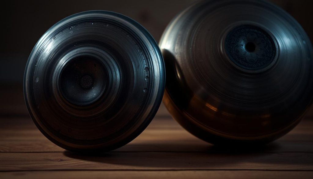 A close-up view of two handpans, one compact and one standard size, side by side on a wooden surface. The compact handpan appears smaller and more portable, but the sound waves emanating from it are visibly dampened compared to the full-bodied resonance of the larger instrument. Soft, diffused lighting illuminates the metallic textures and intricate patterns of the handpans, creating an atmospheric, contemplative mood. The composition emphasizes the visual and auditory contrast between the two, hinting at the limitations of the compact design in terms of sonic richness and depth. A close-up view of two handpans, one compact and one standard size, side by side on a wooden surface. The compact handpan appears smaller and more portable, but the sound waves emanating from it are visibly dampened compared to the full-bodied resonance of the larger instrument. Soft, diffused lighting illuminates the metallic textures and intricate patterns of the handpans, creating an atmospheric, contemplative mood. The composition emphasizes the visual and auditory contrast between the two, hinting at the limitations of the compact design in terms of sonic richness and depth.