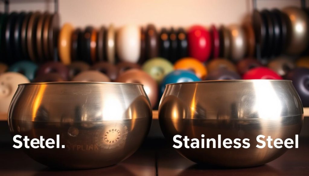 A comparison of handpan prices, showcasing a range of steel and stainless steel models. The foreground features two handpans side-by-side, one made of steel and the other of stainless steel, highlighted by warm, directional lighting. The middle ground displays an array of handpans in various colors and materials, demonstrating the diversity of options available. The background is a softly blurred, neutral setting, allowing the handpans to be the focal point. The overall atmosphere conveys a sense of thoughtful consideration of the pros and cons of each material choice, with an emphasis on accessibility and budget-friendly options for the discerning handpan enthusiast.