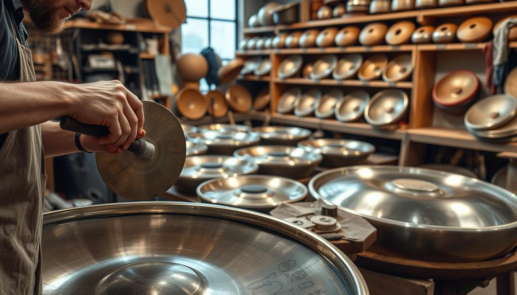 A craftsman's workshop, filled with the tools and materials of the handpan-making trade. In the foreground, a skilled artisan's hands shape and hammer a gleaming metal disc, creating the distinctive sound of a handpan. The middle ground reveals an array of partially assembled instruments, each in a different stage of the intricate fabrication process. In the background, shelves hold a variety of handpans, their surfaces reflecting the warm glow of the workshop's lighting. The scene conveys a sense of meticulous attention to detail, the fusion of artistry and engineering that goes into the creation of these unique musical instruments. A craftsman's workshop, filled with the tools and materials of the handpan-making trade. In the foreground, a skilled artisan's hands shape and hammer a gleaming metal disc, creating the distinctive sound of a handpan. The middle ground reveals an array of partially assembled instruments, each in a different stage of the intricate fabrication process. In the background, shelves hold a variety of handpans, their surfaces reflecting the warm glow of the workshop's lighting. The scene conveys a sense of meticulous attention to detail, the fusion of artistry and engineering that goes into the creation of these unique musical instruments.