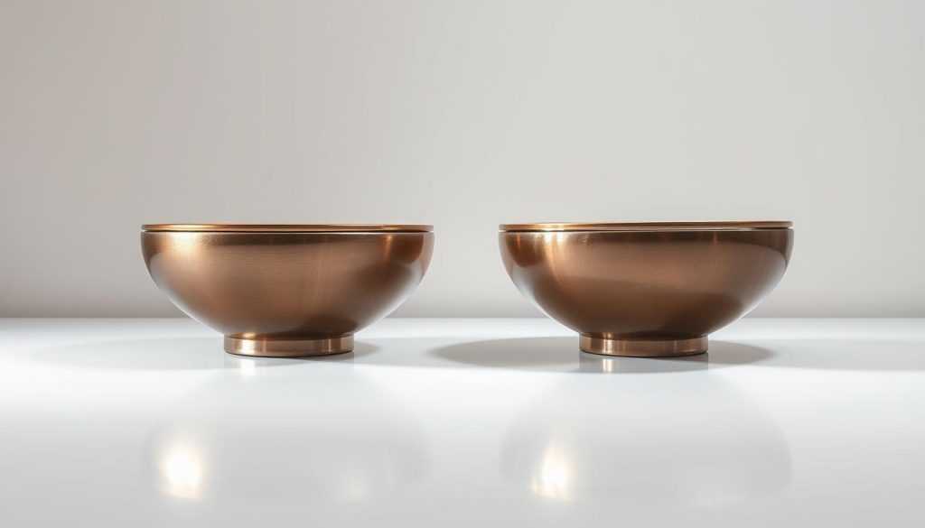 A detailed comparison of an electronic handpan, showcased in a clean, well-lit studio setting. The handpan rests on a smooth, reflective surface, allowing its intricate design and metallic sheen to shine. Soft, diffused lighting from multiple angles highlights the instrument's unique contours and textures, inviting the viewer to appreciate its craftsmanship. In the background, a plain, neutral backdrop provides a minimalist yet sophisticated atmosphere, emphasizing the handpan as the central focus. The overall composition conveys a sense of balance, precision, and the harmonious marriage of traditional and modern elements in electronic handpan design.
