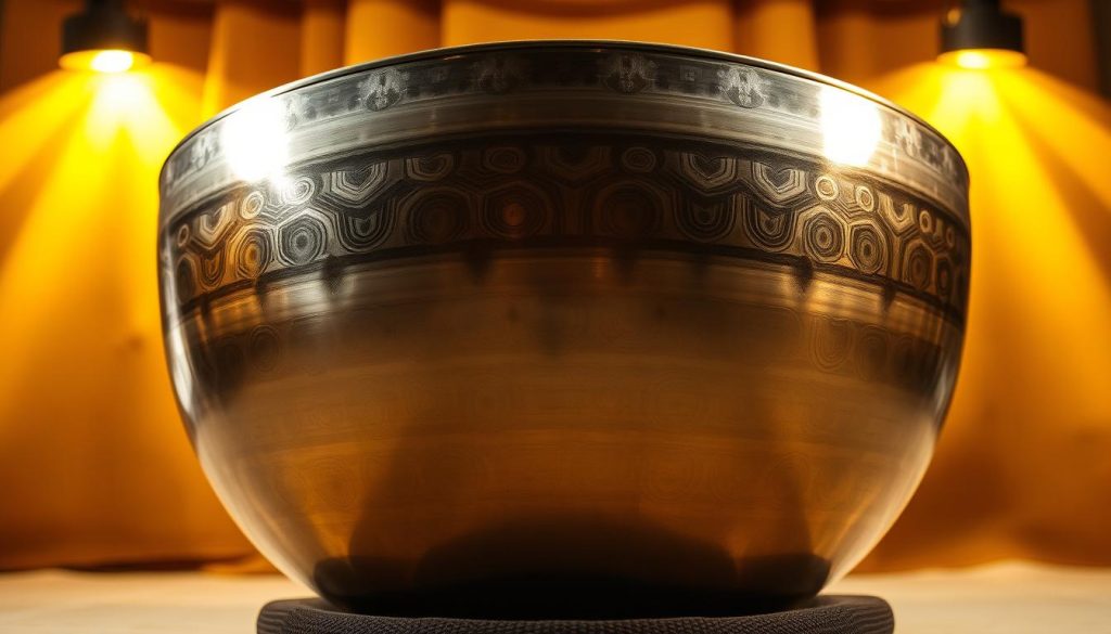 A finely crafted handpan, its surface gleaming with the intricate patterns of a nitriding process, stands center stage against a backdrop of warm, golden lighting. The metallic sheen reflects the skilled artistry that went into its creation, while the depth of the sound it produces resonates with the rich history of this iconic instrument. The handpan's curves and contours are captured in vivid detail, inviting the viewer to imagine the melodic tones that will emanate from its surface. A sense of timelessness and authenticity permeates the scene, capturing the essence of the "acier nitruré" - the historic choice for a truly authentic handpan sound.