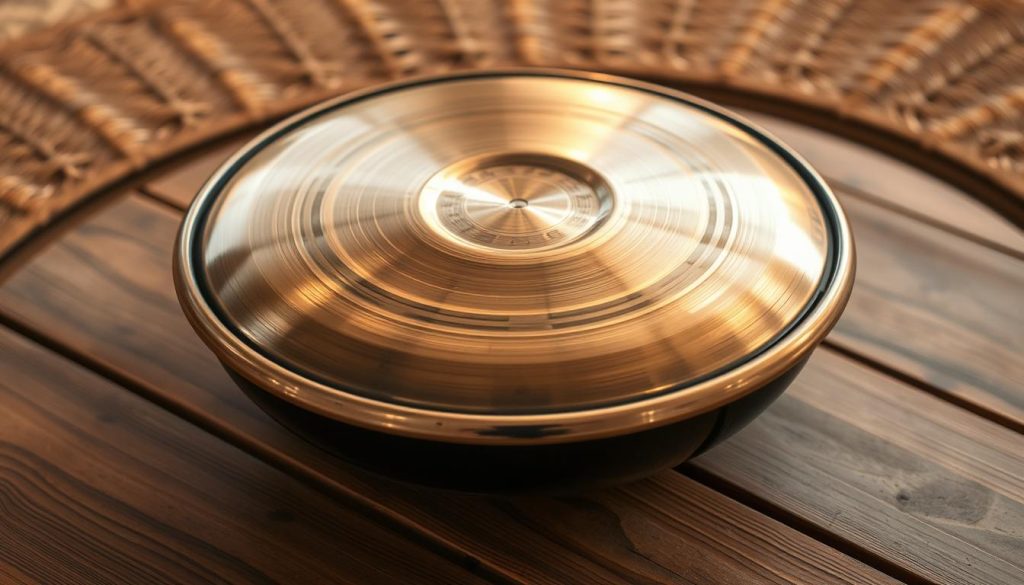 A handpan, its gleaming metallic surface reflecting warm, natural lighting, rests on a wooden surface. The instrument's concentric circles and gentle curves are the focal point, inviting the viewer to imagine the melodious pentatonic scales it can produce. Surrounding the handpan, a subtle background of earthy tones and textures, perhaps a woven mat or fabric, complements the instrument's organic aesthetic. The composition emphasizes the handpan's compact, portable nature, hinting at its versatility in various settings. The overall mood is one of tranquility and contemplation, evoking the calming, meditative qualities of the pentatonic scales. A handpan, its gleaming metallic surface reflecting warm, natural lighting, rests on a wooden surface. The instrument's concentric circles and gentle curves are the focal point, inviting the viewer to imagine the melodious pentatonic scales it can produce. Surrounding the handpan, a subtle background of earthy tones and textures, perhaps a woven mat or fabric, complements the instrument's organic aesthetic. The composition emphasizes the handpan's compact, portable nature, hinting at its versatility in various settings. The overall mood is one of tranquility and contemplation, evoking the calming, meditative qualities of the pentatonic scales.