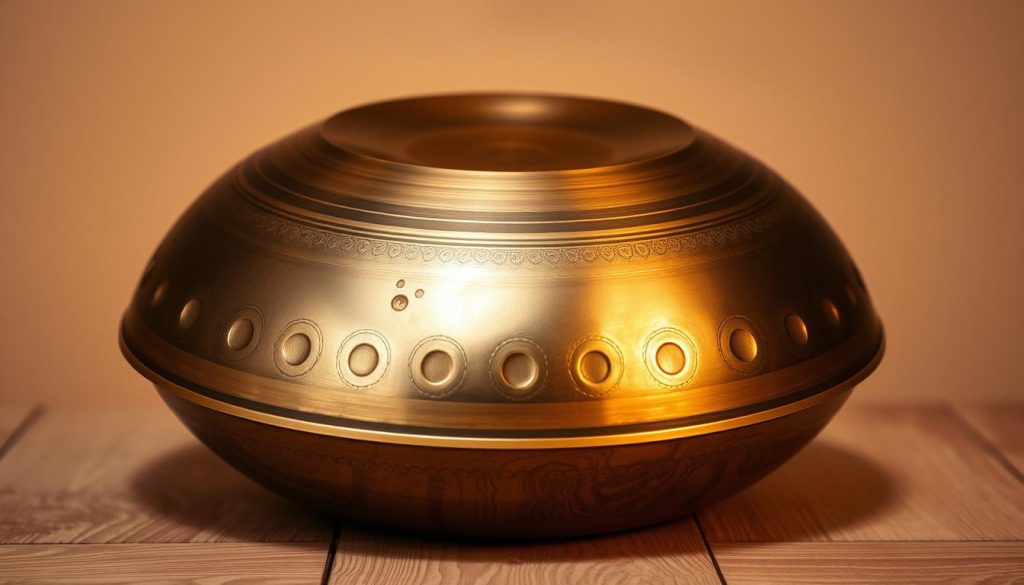 A high-quality handpan with a bronze-colored steel shell rests on a wooden surface, its intricate surface patterns and carefully crafted dimples reflecting the warm studio lighting. The handpan's distinct silhouette is showcased in the foreground, while the background fades into a soft, neutral tone, allowing the instrument to take center stage. The image captures the essence of the handpan's unique sound, with a focus on the sustain, resonance, and harmonics that define its captivating and immersive sonic qualities.