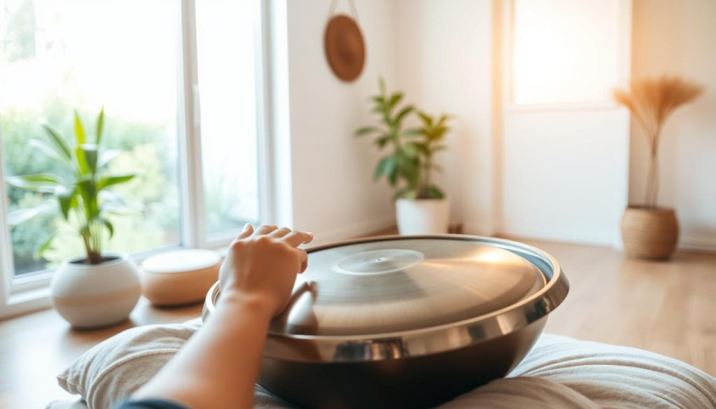 A serene and tranquil handpan performance in a cozy, well-lit home setting. In the foreground, a person's hands gracefully playing the instrument, their fingers dancing across the resonant steel tones. The handpan is positioned on a soft, plush cushion, inviting the viewer to sit and immerse themselves in the soothing, meditative melody. The middle ground showcases a minimalist, Scandinavian-inspired interior, with natural wood accents and neutral tones creating a calming ambiance. In the background, a large window overlooks a lush, verdant garden, the soft, diffused daylight filtering in and bathing the scene in a warm, golden glow. The overall atmosphere evokes a sense of serenity, mindfulness, and a holistic well-being practice.