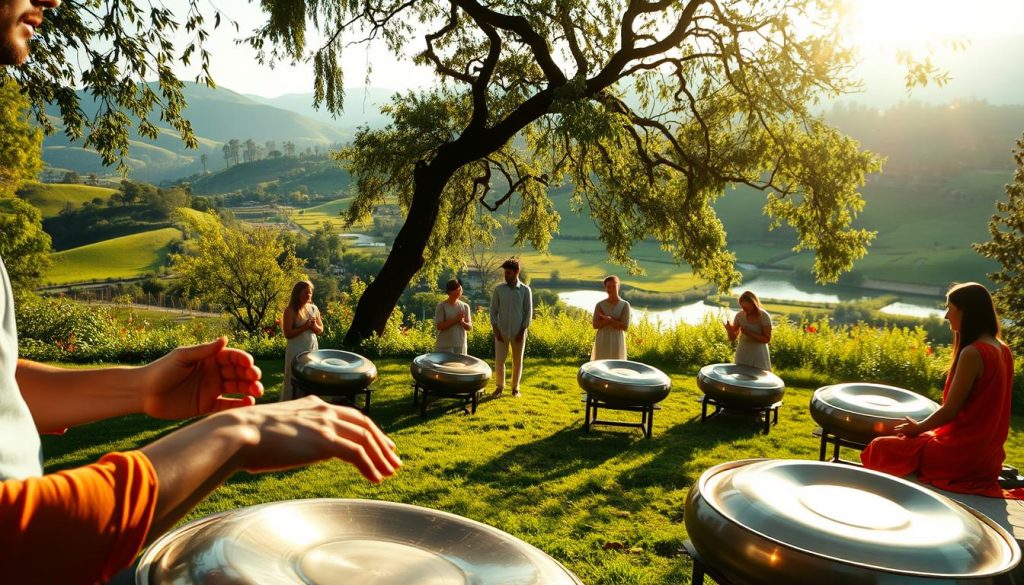A serene outdoor scene featuring a group of skilled handpan musicians performing under the warm glow of the sun. In the foreground, a talented artist plays their handpan, their hands gracefully gliding across the instrument, coaxing out soothing, resonant melodies. In the middle ground, a small ensemble of handpan players joins in, creating a harmonious soundscape that seems to emanate from the lush, verdant setting. The background features a tranquil, natural landscape, with rolling hills, swaying trees, and a peaceful, reflective body of water. The lighting is soft and diffused, casting a peaceful, meditative atmosphere over the entire scene. The overall impression is one of deep relaxation and harmony, capturing the essence of the handpan's ability to transport the listener to a state of calm and introspection.