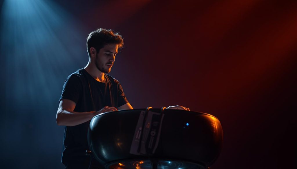 A talented musician performing on a handpan électronique instrument on a dimly lit stage, the electronic tones resonating through the space. The performer is illuminated by warm, atmospheric lighting, casting dramatic shadows that accentuate the unique shape and texture of the handpan. The background is blurred, allowing the focus to remain on the captivating performance, showcasing the modern and creative nature of this electronic take on the traditional handpan instrument. The scene conveys a sense of immersion and emotional depth, capturing the essence of the "handpan électronique dans la musique moderne".