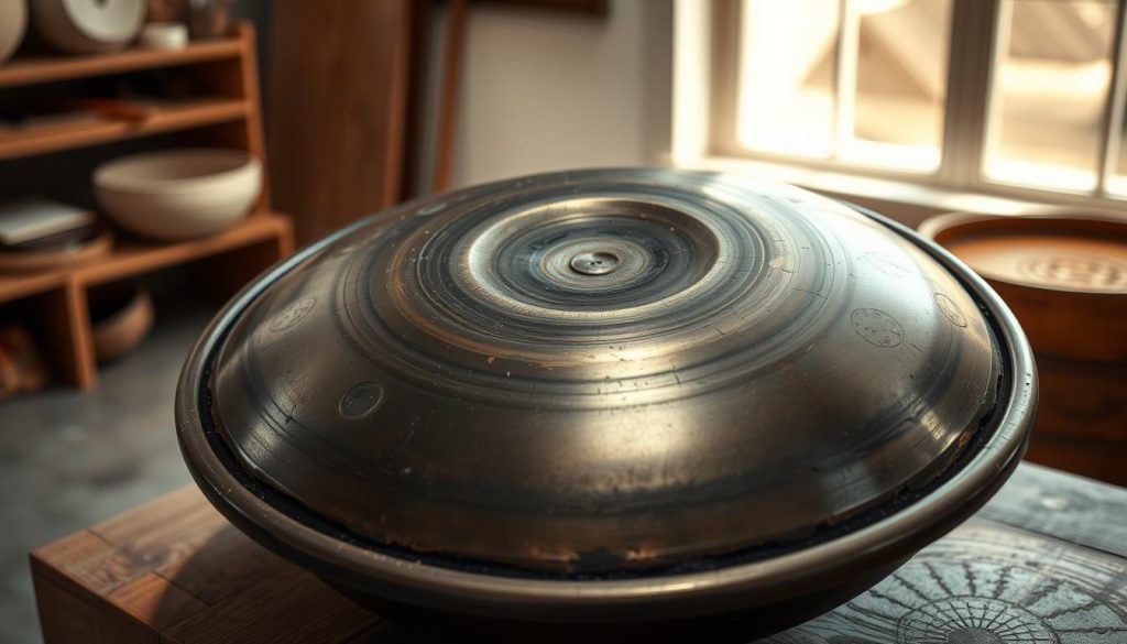 A well-worn handpan, its surface gleaming under soft, warm lighting. The instrument rests on a wooden table, its intricate patterns and gentle curves inviting touch. In the background, a serene, minimalist setting suggests a peaceful studio or workshop, allowing the handpan to take center stage. The composition emphasizes the handpan's durability and the care required to maintain its pristine condition, hinting at the choices a player must make to ensure long-lasting enjoyment of this captivating instrument.