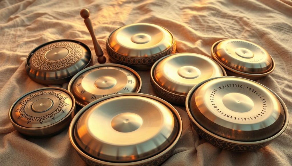 Peaceful handpan musical selection. A collection of handpan instruments arranged artfully on a soft, natural background. Warm, ambient lighting gently illuminates the handpans, their intricate metallic surfaces reflecting the light. The handpans are presented in a harmonious composition, suggesting the soothing, meditative qualities of handpan music. The overall scene evokes a sense of tranquility and mindfulness, perfectly capturing the essence of handpan music for relaxation.
