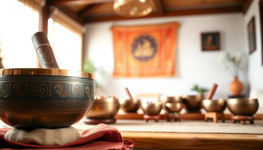 A Tibetan singing bowl, elegantly displayed in the foreground, showcasing its intricate design with delicate engravings and a polished finish. The bowl is filled with colorful gemstones and placed atop a soft, textured cloth. In the middle ground, various sizes of singing bowls are arranged neatly on a natural wood table, each one reflecting its unique character and purpose. The background features a serene, softly lit meditation room adorned with warm, inviting colors and subtle decorative elements like incense holders and plants to create a tranquil atmosphere. The lighting is soft and diffused, enhancing the calming mood, while the angle captures the beauty and craftsmanship of the bowls, inviting the viewer to deeply appreciate their role in wellness and sound therapy.