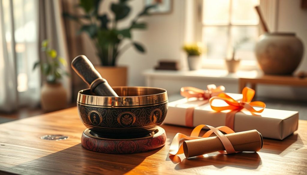 A beautifully arranged scene featuring a Tibetan singing bowl as the focal point, nestled in a cozy, inviting space. In the foreground, a handcrafted wooden table holds the bowl, intricately designed with traditional Tibetan motifs. Soft, warm light filters through a nearby window, casting gentle shadows that enhance the bowl's reflective surface. In the middle ground, a few elegant gift-wrapping materials, such as colorful silk cloth and delicate ribbons, are thoughtfully placed, suggesting the act of giving. In the background, a serene setting includes plants and gentle decor, evoking a calm and meditative atmosphere. The overall mood should feel peaceful, inspiring a sense of mindfulness and the joy of gifting. Ensure the image is well-composed with a soft focus on the bowl while subtly capturing the surrounding elements. A beautifully arranged scene featuring a Tibetan singing bowl as the focal point, nestled in a cozy, inviting space. In the foreground, a handcrafted wooden table holds the bowl, intricately designed with traditional Tibetan motifs. Soft, warm light filters through a nearby window, casting gentle shadows that enhance the bowl's reflective surface. In the middle ground, a few elegant gift-wrapping materials, such as colorful silk cloth and delicate ribbons, are thoughtfully placed, suggesting the act of giving. In the background, a serene setting includes plants and gentle decor, evoking a calm and meditative atmosphere. The overall mood should feel peaceful, inspiring a sense of mindfulness and the joy of gifting. Ensure the image is well-composed with a soft focus on the bowl while subtly capturing the surrounding elements.