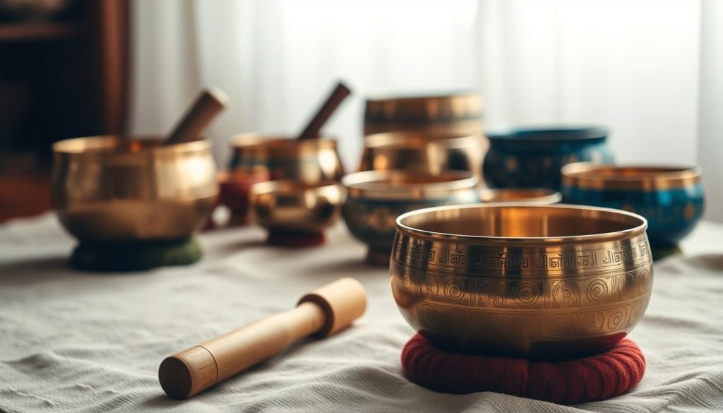 A beautifully arranged selection of Tibetan singing bowls in various sizes and designs, placed on a soft, rustic cloth. The foreground features a polished brass bowl with intricate engravings, alongside a wooden mallet and cushion. In the middle ground, several other bowls reflect a rich color palette of gold, silver, and deep blues, showcasing their unique shapes and textures. The background is softly blurred, suggesting a serene setting, with gentle light streaming in from the side, creating a warm and inviting atmosphere. The overall mood is peaceful and contemplative, perfect for illustrating the theme of choosing the ideal singing bowl. The image should have soft, natural lighting, capturing the elegance and harmony of these artisanal items. A beautifully arranged selection of Tibetan singing bowls in various sizes and designs, placed on a soft, rustic cloth. The foreground features a polished brass bowl with intricate engravings, alongside a wooden mallet and cushion. In the middle ground, several other bowls reflect a rich color palette of gold, silver, and deep blues, showcasing their unique shapes and textures. The background is softly blurred, suggesting a serene setting, with gentle light streaming in from the side, creating a warm and inviting atmosphere. The overall mood is peaceful and contemplative, perfect for illustrating the theme of choosing the ideal singing bowl. The image should have soft, natural lighting, capturing the elegance and harmony of these artisanal items.