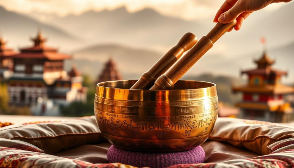 A beautifully crafted Tibetan singing bowl, hand-hammered with intricate symbols and designs, sits prominently in the foreground. The bowl is gleaming, reflecting soft light, showcasing its rich, warm metallic tones—copper, brass, and bronze. Surrounding the bowl are delicate, colorful silk cushions that add texture and elegance. In the middle ground, a pair of wooden mallets, one being gently held by an unseen hand poised to strike the bowl, hint at the craftsmanship involved in creating melodic sound. The background features a serene, softly blurred Tibetan landscape with hints of majestic mountains and subtle remnants of Buddhist temples, enhancing the atmosphere of tranquility and spirituality. The lighting is warm and inviting, casting gentle shadows and creating a peaceful, meditative mood. A beautifully crafted Tibetan singing bowl, hand-hammered with intricate symbols and designs, sits prominently in the foreground. The bowl is gleaming, reflecting soft light, showcasing its rich, warm metallic tones—copper, brass, and bronze. Surrounding the bowl are delicate, colorful silk cushions that add texture and elegance. In the middle ground, a pair of wooden mallets, one being gently held by an unseen hand poised to strike the bowl, hint at the craftsmanship involved in creating melodic sound. The background features a serene, softly blurred Tibetan landscape with hints of majestic mountains and subtle remnants of Buddhist temples, enhancing the atmosphere of tranquility and spirituality. The lighting is warm and inviting, casting gentle shadows and creating a peaceful, meditative mood.
