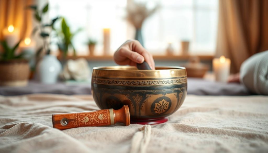 A beautifully crafted Tibetan singing bowl resting on a soft, textured fabric in a serene environment. The foreground features the bowl, showcasing intricate patterns and a polished finish, with a mallet positioned delicately beside it. In the middle ground, a gentle hand is poised to strike the bowl, evoking a sense of mindfulness and intention. The background has a softly blurred view of a tranquil room adorned with natural elements like plants and candles, hinting at a calming atmosphere. Warm, diffused lighting bathes the scene, enhancing the golden hue of the bowl and casting a soothing glow. The overall mood is peaceful and meditative, inviting the viewer to experience the essence of Tibetan sound therapy.