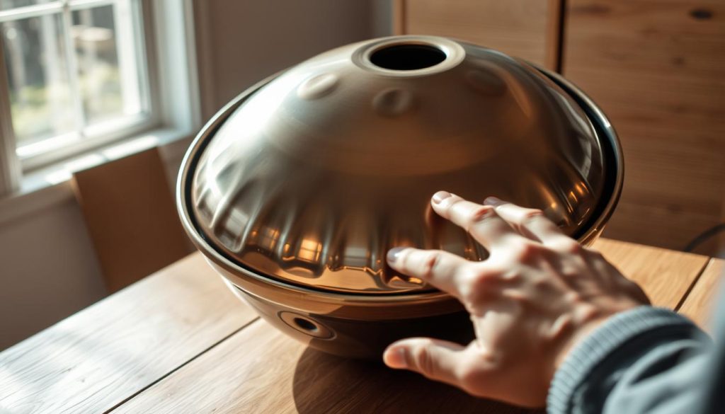 A handpan, a captivating percussion instrument, rests on a wooden table in a sunlit studio. The metallic shell gleams, its intricate patterns and grooves inviting the viewer to explore its unique sound. In the foreground, a musician's hands, captured in a moment of contemplation, consider the instrument's potentials, pondering which melodies and harmonies to coax from its resonant chambers. The background is softly blurred, emphasizing the handpan as the focal point, while natural lighting casts gentle shadows, imbuing the scene with a sense of warmth and serenity. This image encapsulates the process of choosing the perfect handpan to interpret one's favorite musical covers in an authentic, acoustic manner. A handpan, a captivating percussion instrument, rests on a wooden table in a sunlit studio. The metallic shell gleams, its intricate patterns and grooves inviting the viewer to explore its unique sound. In the foreground, a musician's hands, captured in a moment of contemplation, consider the instrument's potentials, pondering which melodies and harmonies to coax from its resonant chambers. The background is softly blurred, emphasizing the handpan as the focal point, while natural lighting casts gentle shadows, imbuing the scene with a sense of warmth and serenity. This image encapsulates the process of choosing the perfect handpan to interpret one's favorite musical covers in an authentic, acoustic manner.