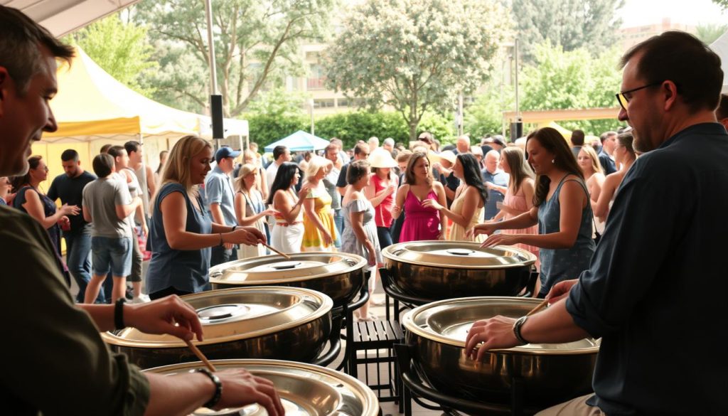 A lively festival scene showcases a group of people joyfully playing handpan drums, their skilled hands coaxing out soothing, rhythmic melodies. The foreground features the musicians, their focused expressions and fluid movements creating a captivating performance. In the middle ground, a diverse crowd of attendees sways and dances, fully immersed in the enchanting soundscape. The background setting evokes a vibrant outdoor festival, with colorful tents, food stalls, and lush greenery creating a warm, welcoming atmosphere. Soft, natural lighting bathes the scene, accentuating the sense of community and celebration. The overall composition conveys the energy, creativity, and shared experience of a handpan festival. A lively festival scene showcases a group of people joyfully playing handpan drums, their skilled hands coaxing out soothing, rhythmic melodies. The foreground features the musicians, their focused expressions and fluid movements creating a captivating performance. In the middle ground, a diverse crowd of attendees sways and dances, fully immersed in the enchanting soundscape. The background setting evokes a vibrant outdoor festival, with colorful tents, food stalls, and lush greenery creating a warm, welcoming atmosphere. Soft, natural lighting bathes the scene, accentuating the sense of community and celebration. The overall composition conveys the energy, creativity, and shared experience of a handpan festival.