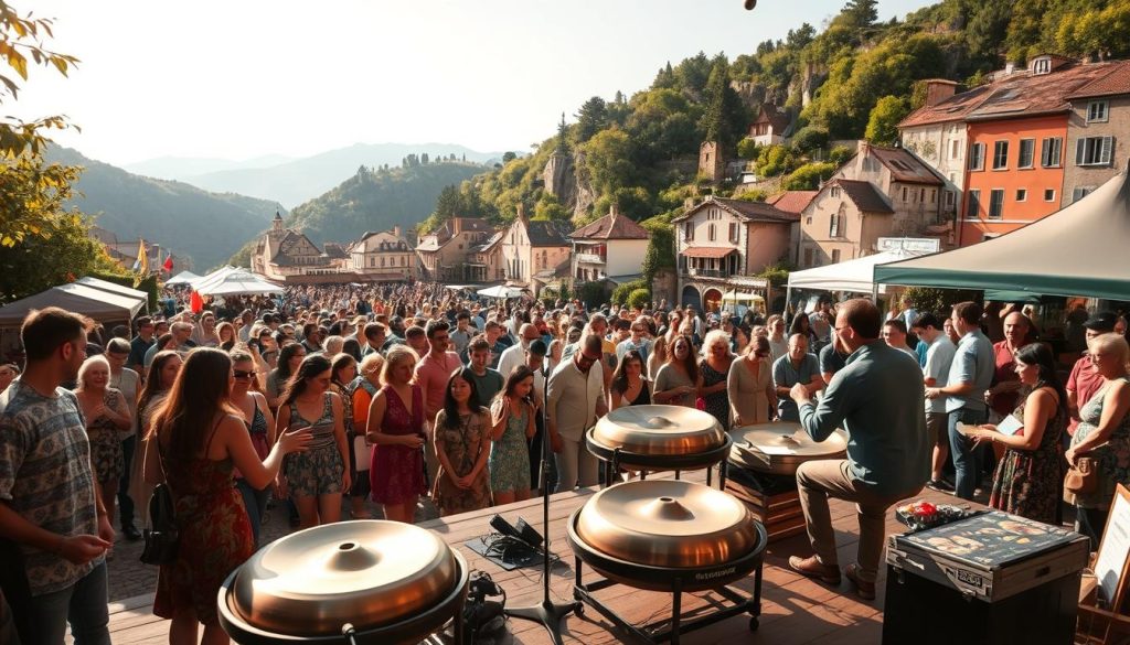A lush, vibrant festival scene in a picturesque European setting. In the foreground, a group of handpan musicians perform on a wooden stage, their instruments emitting a mesmerizing, soothing melody that drifts through the air. The middle ground features a diverse crowd of attendees, some swaying to the music, others browsing artisanal stalls or savoring local delicacies. In the background, a quaint village or town nestled among rolling hills or mountains provides a stunning natural backdrop, bathed in warm, golden sunlight. The overall atmosphere is one of joy, community, and a deep appreciation for the unique and captivating sound of the handpan. A lush, vibrant festival scene in a picturesque European setting. In the foreground, a group of handpan musicians perform on a wooden stage, their instruments emitting a mesmerizing, soothing melody that drifts through the air. The middle ground features a diverse crowd of attendees, some swaying to the music, others browsing artisanal stalls or savoring local delicacies. In the background, a quaint village or town nestled among rolling hills or mountains provides a stunning natural backdrop, bathed in warm, golden sunlight. The overall atmosphere is one of joy, community, and a deep appreciation for the unique and captivating sound of the handpan.
