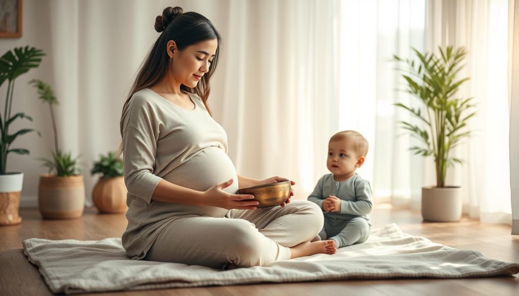 A serene and calming scene depicting a pregnant woman sitting cross-legged on a soft mat surrounded by gentle, pastel colors. She holds a Tibetan singing bowl in her hands, with soft, meditative sound waves emanating from the bowl, illustrated as gentle ripples in the air. Nearby, a young child sits attentively, also in modest casual clothing, observing with wide eyes. The background features a cozy indoor environment with soft natural light filtering through sheer curtains, creating a warm atmosphere. Potted plants are placed around the room, enhancing the peaceful, nurturing ambiance. The overall mood conveys tranquility and protection, suitable for families, emphasizing safety and mindfulness for expectant mothers and children in a soothing setting. A serene and calming scene depicting a pregnant woman sitting cross-legged on a soft mat surrounded by gentle, pastel colors. She holds a Tibetan singing bowl in her hands, with soft, meditative sound waves emanating from the bowl, illustrated as gentle ripples in the air. Nearby, a young child sits attentively, also in modest casual clothing, observing with wide eyes. The background features a cozy indoor environment with soft natural light filtering through sheer curtains, creating a warm atmosphere. Potted plants are placed around the room, enhancing the peaceful, nurturing ambiance. The overall mood conveys tranquility and protection, suitable for families, emphasizing safety and mindfulness for expectant mothers and children in a soothing setting.