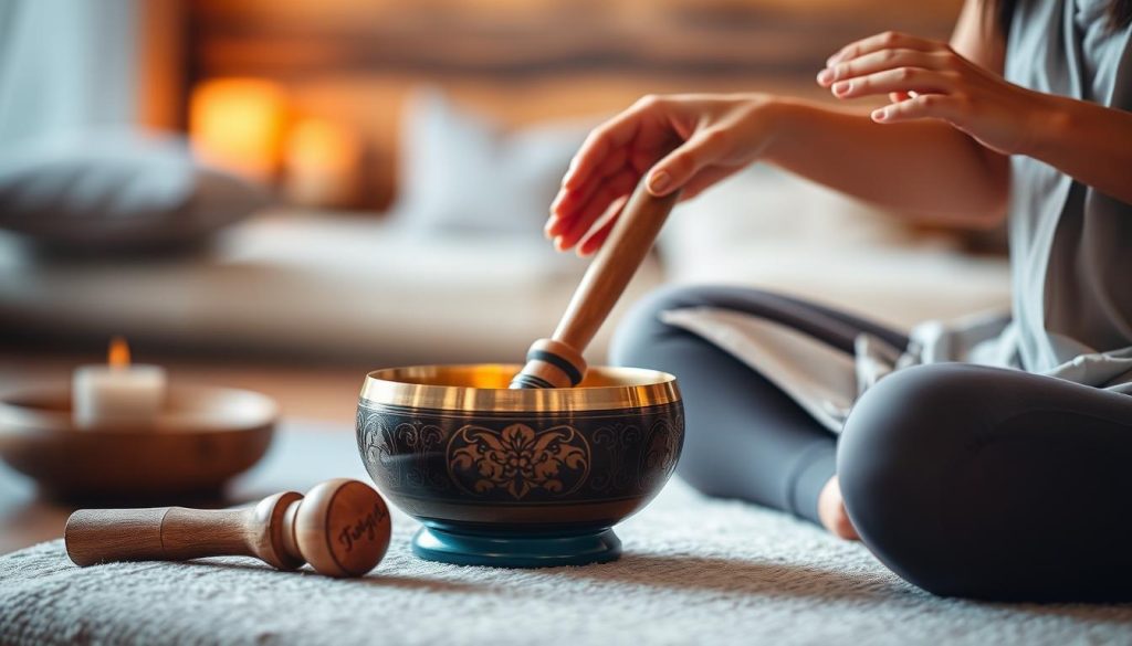 A serene and inviting scene featuring a Tibetan singing bowl placed on a soft, textured surface. In the foreground, the bowl gleams in warm, natural light, showcasing intricate carvings and vibrant colors. A wooden mallet rests beside it, emphasizing the technique of striking. In the middle ground, gentle hands gracefully demonstrating the striking technique, wearing modest, casual clothing, focus intently on the bowl. The background features blurred hints of a tranquil meditation space, with soft cushions and subtly lit candles, creating an atmosphere of calm and mindfulness. The overall mood is peaceful and introspective, encouraging the viewer to engage with the art of playing the singing bowl.