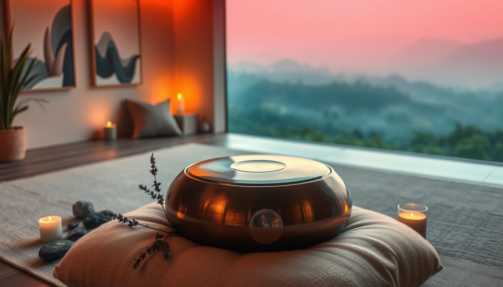A serene and tranquil meditation space, bathed in warm, ambient lighting. In the foreground, a handpan rests on a soft, plush cushion, its intricate metallic surface reflecting the gentle glow. Surrounding it, an arrangement of natural elements - smooth river stones, a sprig of fragrant lavender, and a small, flickering candle. The middle ground features a cozy, minimalist seating area, with a meditation pillow and a calming, abstract artwork on the wall. In the background, a panoramic view of a lush, verdant landscape, hazy and dreamlike, evoking a sense of inner peace and well-being. The overall atmosphere is one of mindfulness, relaxation, and the harmonious integration of sound, sight, and touch for a holistic wellness experience.