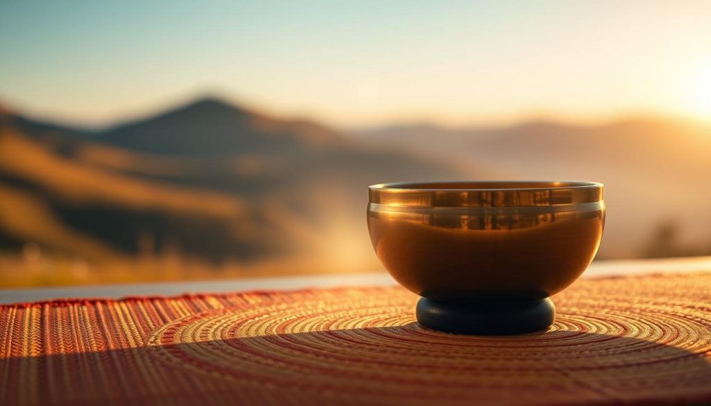 A serene and tranquil scene depicting the concept of "purification vibrations" related to Tibetan singing bowls. In the foreground, a beautifully crafted Tibetan singing bowl, made of polished bronze, rests on a vibrant, woven mat. Soft light emanates from the bowl, creating a gentle glow that symbolizes healing energy. In the middle ground, delicate sound waves ripple outward, visualized as ethereal, shimmering patterns, conveying a sense of sonic purity. The background features a softly blurred, calming landscape with gentle hills and a clear blue sky at dawn, enhancing the peaceful atmosphere. The overall mood is one of serenity and mindfulness, inviting the viewer into a harmonious experience. The lighting is warm and inviting, emphasizing the bowl and sound waves, captured from a slightly elevated angle to showcase depth. A serene and tranquil scene depicting the concept of "purification vibrations" related to Tibetan singing bowls. In the foreground, a beautifully crafted Tibetan singing bowl, made of polished bronze, rests on a vibrant, woven mat. Soft light emanates from the bowl, creating a gentle glow that symbolizes healing energy. In the middle ground, delicate sound waves ripple outward, visualized as ethereal, shimmering patterns, conveying a sense of sonic purity. The background features a softly blurred, calming landscape with gentle hills and a clear blue sky at dawn, enhancing the peaceful atmosphere. The overall mood is one of serenity and mindfulness, inviting the viewer into a harmonious experience. The lighting is warm and inviting, emphasizing the bowl and sound waves, captured from a slightly elevated angle to showcase depth.