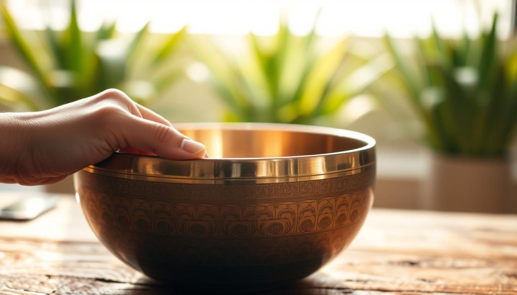 A serene close-up of a Tibetan singing bowl sitting on a textured wooden surface, showcasing its intricate engravings and warm metallic tones. In the foreground, a gentle hand lightly touches the rim, poised to produce resonating vibrations. The bowl appears slightly tilted to reveal its depth, capturing reflections of ambient light. In the middle ground, a softly blurred background with soft green hues of plants suggests tranquility and connection to nature. Warm, natural lighting enhances the gold and silver tones of the bowl, creating a peaceful and meditative atmosphere. The overall mood is calm and introspective, inviting viewers to reflect on the impact of size and weight on sound vibrations as they relate to the singing bowl. A serene close-up of a Tibetan singing bowl sitting on a textured wooden surface, showcasing its intricate engravings and warm metallic tones. In the foreground, a gentle hand lightly touches the rim, poised to produce resonating vibrations. The bowl appears slightly tilted to reveal its depth, capturing reflections of ambient light. In the middle ground, a softly blurred background with soft green hues of plants suggests tranquility and connection to nature. Warm, natural lighting enhances the gold and silver tones of the bowl, creating a peaceful and meditative atmosphere. The overall mood is calm and introspective, inviting viewers to reflect on the impact of size and weight on sound vibrations as they relate to the singing bowl.