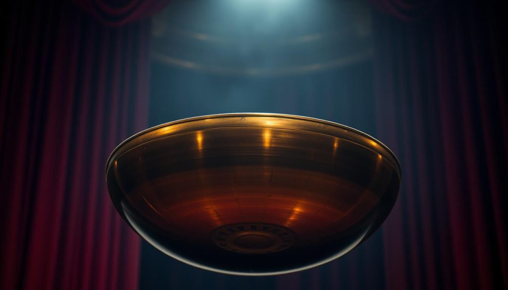 A serene handpan floating in a dimly lit cinematic setting, its warm metallic surface reflecting the soft glow of an overhead spotlight. The instrument is surrounded by a blurred backdrop of rich burgundy velvet curtains, hinting at the grand stage of a historic theater. The camera angle is slightly elevated, giving a sense of reverence and awe towards the handpan's captivating presence. The lighting is atmospheric, casting dramatic shadows and highlighting the instrument's intricate textures and curves. An air of contemplative tranquility permeates the scene, inviting the viewer to experience the handpan's soothing, meditative tones. A serene handpan floating in a dimly lit cinematic setting, its warm metallic surface reflecting the soft glow of an overhead spotlight. The instrument is surrounded by a blurred backdrop of rich burgundy velvet curtains, hinting at the grand stage of a historic theater. The camera angle is slightly elevated, giving a sense of reverence and awe towards the handpan's captivating presence. The lighting is atmospheric, casting dramatic shadows and highlighting the instrument's intricate textures and curves. An air of contemplative tranquility permeates the scene, inviting the viewer to experience the handpan's soothing, meditative tones.