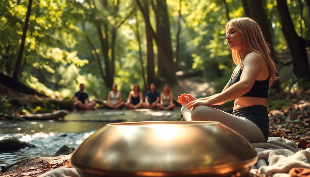 A serene handpan player sits cross-legged on a sun-dappled forest floor, their hands caressing the instrument's metallic resonance. Soft beams of light filter through the lush canopy, creating a warm, meditative ambiance. In the middle ground, other handpan enthusiasts gather, eyes closed, immersed in the soothing vibrations. The background reveals a tranquil stream, its gentle ripples reflecting the verdant foliage. The scene conveys a sense of deep introspection, healing, and the transformative power of sound therapy.