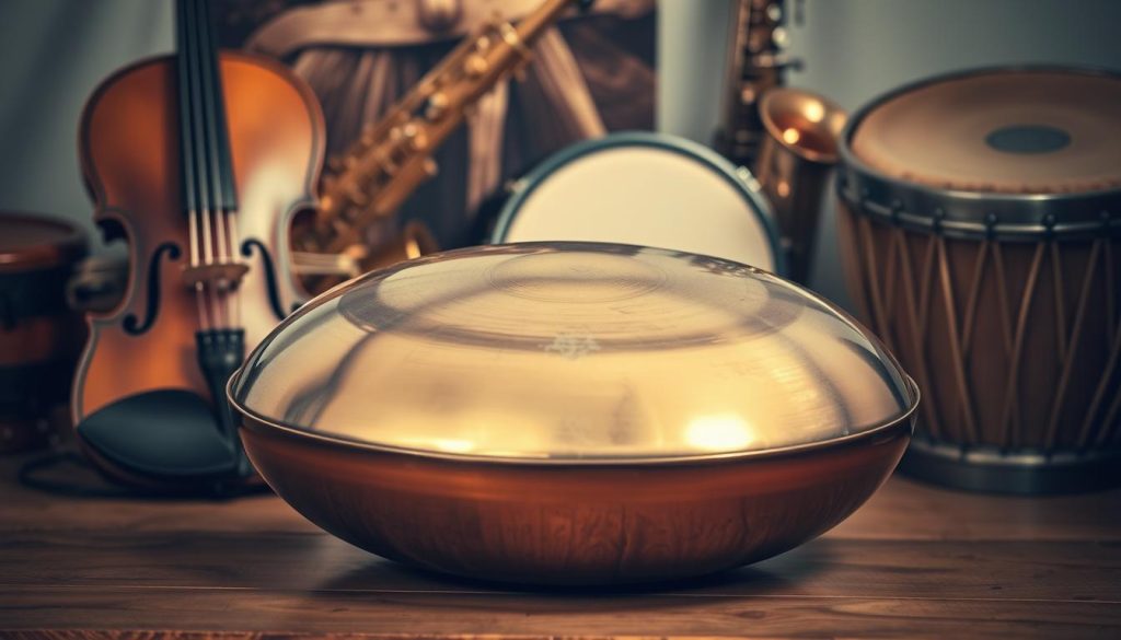 A serene handpan resting on a wooden surface, surrounded by a collage of musical instruments and genres. The handpan is the focal point, casting a soft, warm glow under gentle studio lighting. In the background, a harmonious blend of classical, jazz, and world music instruments - a violin, a saxophone, and a djembe drum - create a soothing, yet diverse musical atmosphere. The composition conveys a sense of discovery, as the viewer is invited to explore the versatility of the handpan and its ability to transcend musical genres. A serene handpan resting on a wooden surface, surrounded by a collage of musical instruments and genres. The handpan is the focal point, casting a soft, warm glow under gentle studio lighting. In the background, a harmonious blend of classical, jazz, and world music instruments - a violin, a saxophone, and a djembe drum - create a soothing, yet diverse musical atmosphere. The composition conveys a sense of discovery, as the viewer is invited to explore the versatility of the handpan and its ability to transcend musical genres.