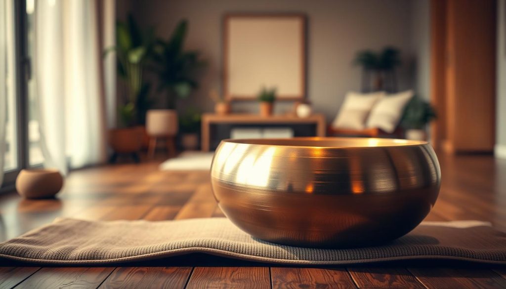 A serene handpan with a soothing bronze finish rests on a wooden meditation cushion, bathed in warm, diffused lighting. The handpan's distinctive concentric circles and gentle curves invite the viewer to experience its calming resonance. In the middle ground, a tranquil indoor setting with minimalist decor and natural elements, such as potted plants, creates a zen-like atmosphere conducive to mindful relaxation. The background blurs softly, allowing the viewer to focus on the handpan as the central point of interest, symbolizing the importance of choosing the right instrument for one's meditation practice.