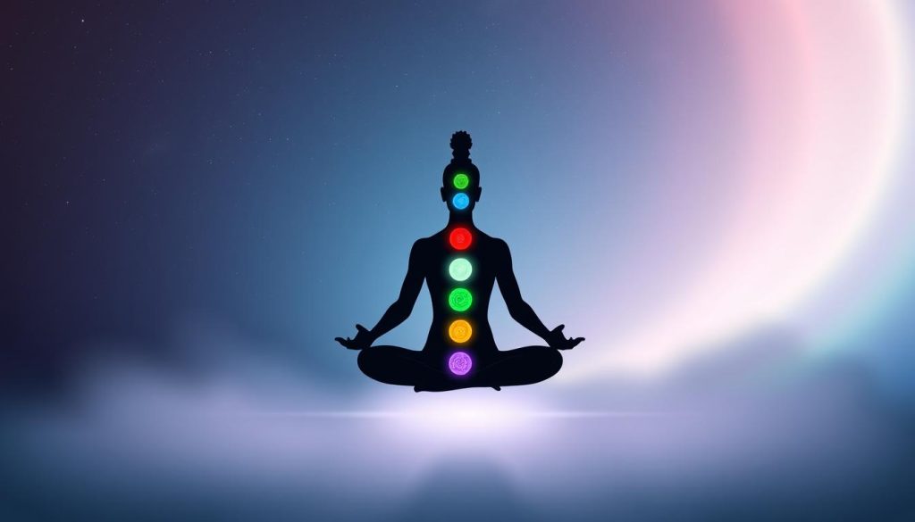 A serene representation of the seven chakras, aligned from the base of the spine to the crown of the head. In the foreground, a silhouette of a meditating figure in a lotus position, emanating soft, radiant light from each chakra point: red at the root, orange at the sacral, yellow at the solar plexus, green at the heart, blue at the throat, indigo at the third eye, and violet at the crown. In the middle ground, ethereal representations of the elements associated with each chakra, like earth, water, fire, air, light, and spirit, subtly blending into one another. The background features a tranquil, cosmic scene with soft, pastel galaxies and a gentle aurora, casting a peaceful ambiance. The lighting is soft and diffused, creating a harmonious and uplifting mood. A serene representation of the seven chakras, aligned from the base of the spine to the crown of the head. In the foreground, a silhouette of a meditating figure in a lotus position, emanating soft, radiant light from each chakra point: red at the root, orange at the sacral, yellow at the solar plexus, green at the heart, blue at the throat, indigo at the third eye, and violet at the crown. In the middle ground, ethereal representations of the elements associated with each chakra, like earth, water, fire, air, light, and spirit, subtly blending into one another. The background features a tranquil, cosmic scene with soft, pastel galaxies and a gentle aurora, casting a peaceful ambiance. The lighting is soft and diffused, creating a harmonious and uplifting mood.