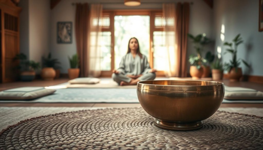 A serene scene depicting a Tibetan singing bowl placed on a traditional woven mat, surrounded by soft natural elements. In the foreground, the bowl is polished brass, reflecting gentle light, with delicate patterns engraved along its edge. In the middle, a person sits cross-legged, dressed in modest, comfortable clothing, embodying a calm and focused posture, hands resting gently on their knees, eyes closed in meditation. The background features a tranquil, softly lit room with muted earth tones, floor cushions, and potted plants that create a harmonious and inviting atmosphere. Dappled light filters in through a window, casting soft shadows and enhancing the peaceful mood of the scene, encouraging mindfulness and relaxation.