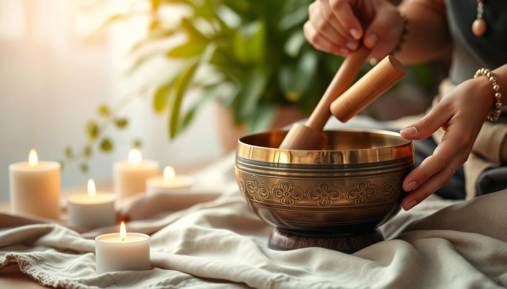 A serene scene featuring a Tibetan singing bowl placed on a soft, textured fabric, surrounded by delicate, glowing candles that flicker gently, casting a warm, inviting light. In the background, lush indoor plants provide a calming green contrast, while the focus highlights the intricate designs of the bowl, glimmering in the soft light. A pair of hands, adorned with simple, natural jewelry, gently strike the rim of the bowl with a mallet, creating visible sound waves that ripple outward, suggesting vibrations in the air. The composition evokes a feeling of tranquility and mindfulness, ideal for illustrating techniques to enhance sound production. Use a shallow depth of field to emphasize the bowl, with soft bokeh in the background, creating a peaceful atmosphere. A serene scene featuring a Tibetan singing bowl placed on a soft, textured fabric, surrounded by delicate, glowing candles that flicker gently, casting a warm, inviting light. In the background, lush indoor plants provide a calming green contrast, while the focus highlights the intricate designs of the bowl, glimmering in the soft light. A pair of hands, adorned with simple, natural jewelry, gently strike the rim of the bowl with a mallet, creating visible sound waves that ripple outward, suggesting vibrations in the air. The composition evokes a feeling of tranquility and mindfulness, ideal for illustrating techniques to enhance sound production. Use a shallow depth of field to emphasize the bowl, with soft bokeh in the background, creating a peaceful atmosphere.