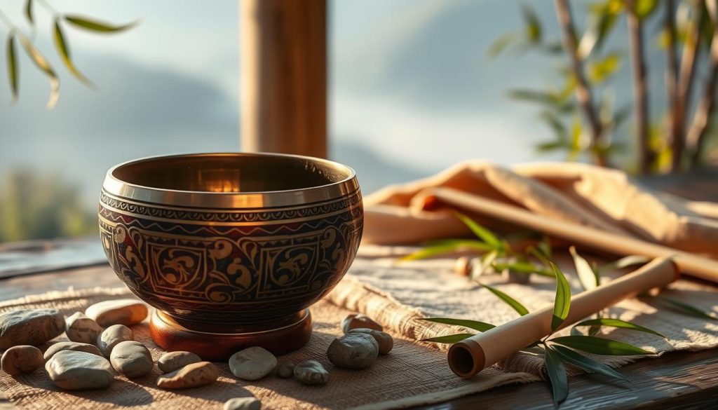 A serene scene featuring a beautifully crafted Tibetan bowl in the foreground, showcasing intricate designs and rich, warm colors. The bowl is partially filled with crystal-clear water, reflecting soft light. Surrounding the bowl are natural elements like smooth pebbles and delicate green leaves, enhancing the calm atmosphere. In the middle ground, a softly lit cloth in earthy tones adds depth and texture, while gentle bamboo sticks lie nearby, hinting at their use in sound therapy. The background features a tranquil setting with hints of distant mountains and a softly blurred sky, creating a peaceful ambiance. The lighting is warm and inviting, emulating early morning sunlight, invoking feelings of meditation and harmony. A serene scene featuring a beautifully crafted Tibetan bowl in the foreground, showcasing intricate designs and rich, warm colors. The bowl is partially filled with crystal-clear water, reflecting soft light. Surrounding the bowl are natural elements like smooth pebbles and delicate green leaves, enhancing the calm atmosphere. In the middle ground, a softly lit cloth in earthy tones adds depth and texture, while gentle bamboo sticks lie nearby, hinting at their use in sound therapy. The background features a tranquil setting with hints of distant mountains and a softly blurred sky, creating a peaceful ambiance. The lighting is warm and inviting, emulating early morning sunlight, invoking feelings of meditation and harmony.