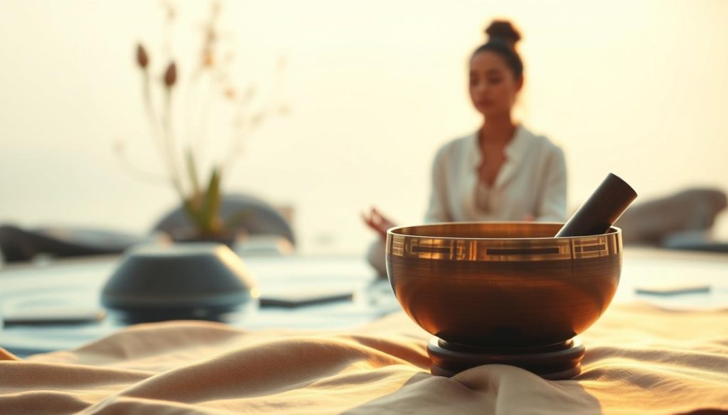 A serene scene illustrating the emotional impact of Tibetan bowl music, capturing the essence of tranquility and stress relief. In the foreground, a beautifully crafted Tibetan singing bowl rests gently on a soft, natural fabric, with delicate rippling vibrations emanating from it. The middle ground features a serene individual seated in a meditative pose, dressed in modest, casual clothing, eyes closed, surrounded by a gentle aura. In the background, a softly lit, tranquil environment with warm, ambient light filtering through slightly blurred plants and stones, evoking a sense of calmness. The overall mood is peaceful and reflective, with a subtle glow highlighting the bowl's metallic surface, creating a harmonious atmosphere. The image should have a balanced composition with a focal point on the bowl and the person, shot at a slightly elevated angle for depth. A serene scene illustrating the emotional impact of Tibetan bowl music, capturing the essence of tranquility and stress relief. In the foreground, a beautifully crafted Tibetan singing bowl rests gently on a soft, natural fabric, with delicate rippling vibrations emanating from it. The middle ground features a serene individual seated in a meditative pose, dressed in modest, casual clothing, eyes closed, surrounded by a gentle aura. In the background, a softly lit, tranquil environment with warm, ambient light filtering through slightly blurred plants and stones, evoking a sense of calmness. The overall mood is peaceful and reflective, with a subtle glow highlighting the bowl's metallic surface, creating a harmonious atmosphere. The image should have a balanced composition with a focal point on the bowl and the person, shot at a slightly elevated angle for depth.