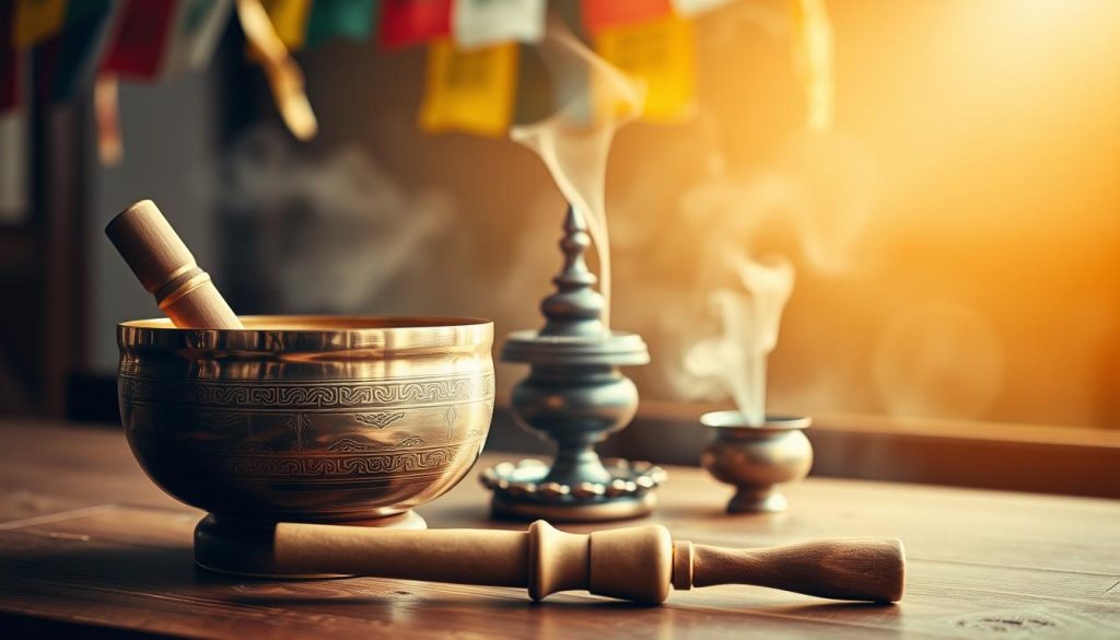 A serene setting featuring traditional Tibetan purification instruments, including a singing bowl, ritual bell, and incense burner, arranged harmoniously on a wooden altar. In the foreground, the singing bowl is polished brass with delicate engravings, accompanied by a wooden mallet. The middle ground showcases the incense burner with aromatic smoke wafting upwards, creating a mystical haze. Soft, warm lighting cascades from an unseen source, creating gentle shadows and highlighting the intricate details of the instruments. In the background, a blurred view of Tibetan prayer flags flutter lightly, suggesting a connection to spirituality. The overall mood is tranquil and meditative, evoking a sense of peace and purification. The composition encourages a contemplative atmosphere, perfect for exploring the concepts of cleansing and harmony. A serene setting featuring traditional Tibetan purification instruments, including a singing bowl, ritual bell, and incense burner, arranged harmoniously on a wooden altar. In the foreground, the singing bowl is polished brass with delicate engravings, accompanied by a wooden mallet. The middle ground showcases the incense burner with aromatic smoke wafting upwards, creating a mystical haze. Soft, warm lighting cascades from an unseen source, creating gentle shadows and highlighting the intricate details of the instruments. In the background, a blurred view of Tibetan prayer flags flutter lightly, suggesting a connection to spirituality. The overall mood is tranquil and meditative, evoking a sense of peace and purification. The composition encourages a contemplative atmosphere, perfect for exploring the concepts of cleansing and harmony.
