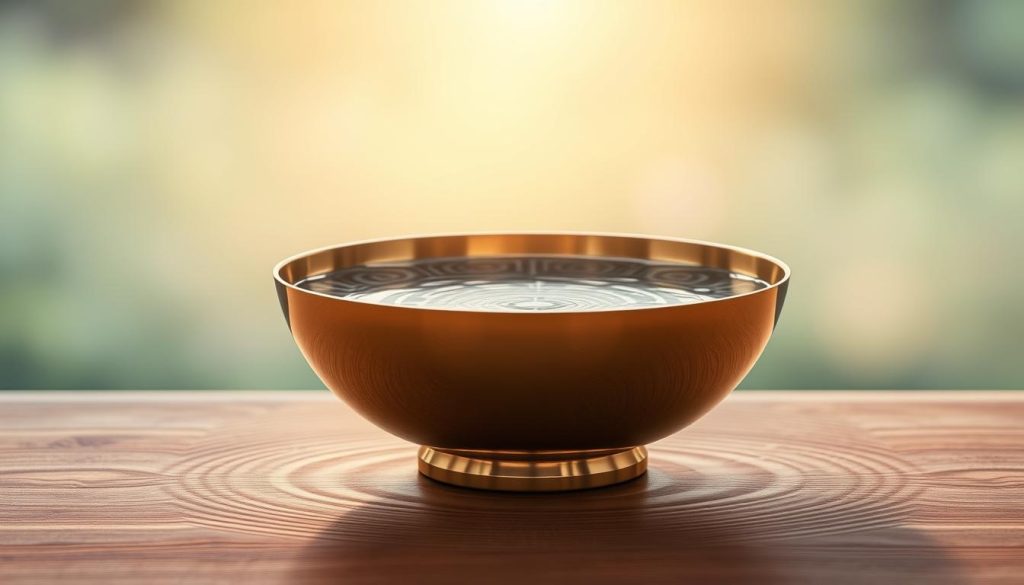 A tranquil scene showcasing a cymatic vibration bowl, elegantly centered in the foreground. The bowl, made of polished brass, is resonating with intricately patterned liquid, vividly displaying the geometric shapes formed by sound vibrations. Surrounding the bowl, soft, diffused light creates a serene atmosphere, highlighting the delicate textures of the water. In the middle ground, subtle waves radiate outward, capturing the essence of sound in motion. The background features a softly blurred natural setting, perhaps a wooden table or a peaceful garden, enhancing the feeling of calm. The overall mood is one of tranquility and contemplation, perfect for illustrating the calming effects of sound vibrations. A tranquil scene showcasing a cymatic vibration bowl, elegantly centered in the foreground. The bowl, made of polished brass, is resonating with intricately patterned liquid, vividly displaying the geometric shapes formed by sound vibrations. Surrounding the bowl, soft, diffused light creates a serene atmosphere, highlighting the delicate textures of the water. In the middle ground, subtle waves radiate outward, capturing the essence of sound in motion. The background features a softly blurred natural setting, perhaps a wooden table or a peaceful garden, enhancing the feeling of calm. The overall mood is one of tranquility and contemplation, perfect for illustrating the calming effects of sound vibrations.