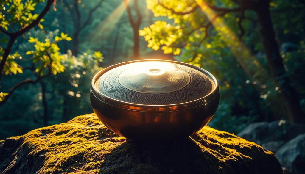 A vibrant handpan resting on a serene, moss-covered rock formation, bathed in warm, golden light. The instrument's intricate surface reflects the sunbeams, creating a mesmerizing interplay of light and shadow. In the background, a lush, verdant forest provides a tranquil setting, inviting the viewer to embark on a meditative journey. The composition emphasizes the handpan's role as a tool for relaxation and introspection, capturing the essence of mindfulness and well-being.
