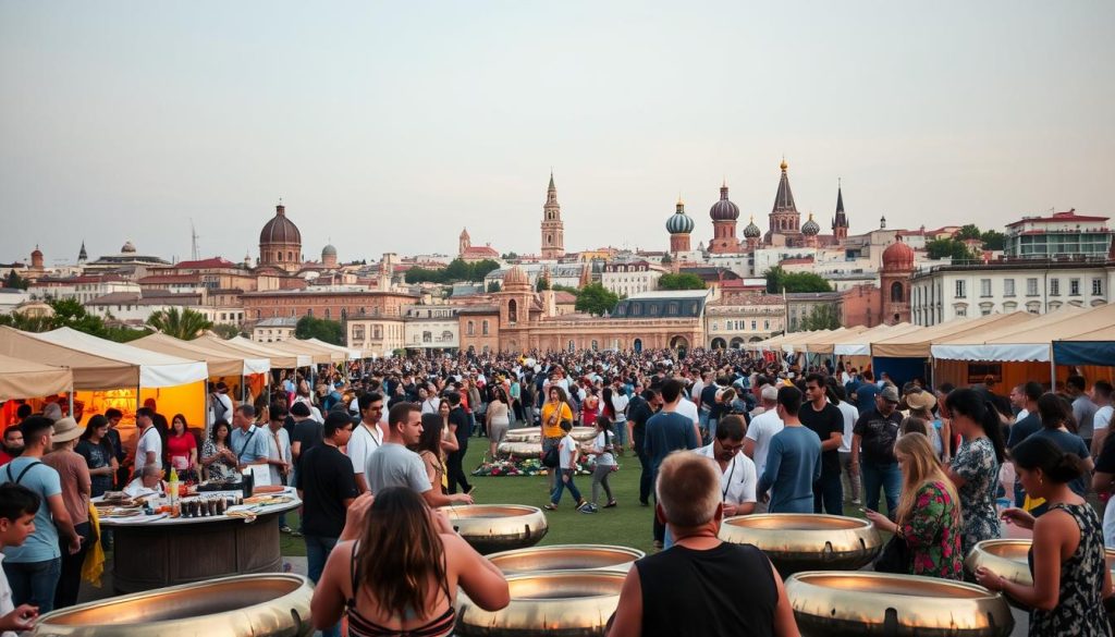 A vibrant outdoor festival scene with handpan musicians playing in the foreground, surrounded by an international crowd of attendees. The middle ground features an array of handpan vendors and artisanal crafts, creating a lively and immersive atmosphere. In the background, a diverse skyline of architectures from different cultures and regions represents the global reach of the handpan community. The lighting is warm and inviting, with a soft, natural glow illuminating the event. The overall composition conveys a sense of cultural exchange, shared passion, and the universal appeal of the handpan instrument across the world. A vibrant outdoor festival scene with handpan musicians playing in the foreground, surrounded by an international crowd of attendees. The middle ground features an array of handpan vendors and artisanal crafts, creating a lively and immersive atmosphere. In the background, a diverse skyline of architectures from different cultures and regions represents the global reach of the handpan community. The lighting is warm and inviting, with a soft, natural glow illuminating the event. The overall composition conveys a sense of cultural exchange, shared passion, and the universal appeal of the handpan instrument across the world.