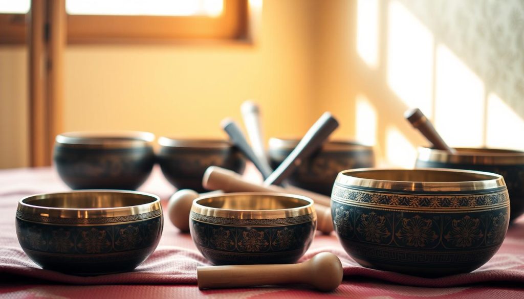 A beautifully arranged display of Tibetan singing bowls of varying sizes and weights, each bowl intricately patterned with traditional designs. In the foreground, three bowls of different diameters (small, medium, and large) are placed on a soft, textured fabric, showcasing their unique shapes and engravings. The middle ground features a variety of mallets, essential for playing the bowls, subtly indicating their weight differences. The background is softly blurred, with warm, ambient lighting that evokes a serene atmosphere, reminiscent of a calm meditation space. Natural light filters through a nearby window, creating gentle shadows and highlights on the bowls' surfaces, enhancing their craftsmanship. Overall, the image conveys a sense of tranquility and cultural richness. A beautifully arranged display of Tibetan singing bowls of varying sizes and weights, each bowl intricately patterned with traditional designs. In the foreground, three bowls of different diameters (small, medium, and large) are placed on a soft, textured fabric, showcasing their unique shapes and engravings. The middle ground features a variety of mallets, essential for playing the bowls, subtly indicating their weight differences. The background is softly blurred, with warm, ambient lighting that evokes a serene atmosphere, reminiscent of a calm meditation space. Natural light filters through a nearby window, creating gentle shadows and highlights on the bowls' surfaces, enhancing their craftsmanship. Overall, the image conveys a sense of tranquility and cultural richness.