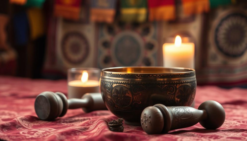 A beautifully crafted antique Tibetan singing bowl placed on a richly textured fabric, showcasing its intricate engravings and aged patina. The bowl, with a deep, warm bronze hue, is set in the foreground, reflecting soft candlelight that highlights its curves and designs. In the middle ground, a pair of traditional wooden mallets lies nearby, each with unique characteristics that suggest their use over time. The background features subtle hints of Tibetan cultural elements, such as prayer flags and mandala patterns, softly blurred to create depth. The atmosphere is serene and meditative, evoking a sense of tranquility and historical significance. Soft, diffused lighting enhances the antique feel, inviting viewers to appreciate the craftsmanship and legacy of the bowl. A beautifully crafted antique Tibetan singing bowl placed on a richly textured fabric, showcasing its intricate engravings and aged patina. The bowl, with a deep, warm bronze hue, is set in the foreground, reflecting soft candlelight that highlights its curves and designs. In the middle ground, a pair of traditional wooden mallets lies nearby, each with unique characteristics that suggest their use over time. The background features subtle hints of Tibetan cultural elements, such as prayer flags and mandala patterns, softly blurred to create depth. The atmosphere is serene and meditative, evoking a sense of tranquility and historical significance. Soft, diffused lighting enhances the antique feel, inviting viewers to appreciate the craftsmanship and legacy of the bowl.
