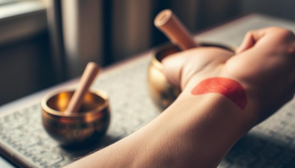 A close-up of a person's arm showcasing a red rash or skin irritation prominently, representing sensitivity to metals. The skin tone should be a medium brown, highlighting the contrast against the bright redness of the irritation. In the background, a softly blurred image of a Tibetan singing bowl on a textured surface can be seen, evoking a sense of calm despite the irritation. The lighting is soft and warm, perhaps with a gentle glow from a nearby window, creating an introspective mood. Use a shallow depth of field to draw attention to the skin reaction, emphasizing its importance in the context. The overall atmosphere should reflect concern and awareness about metal sensitivities in a serene setting.
