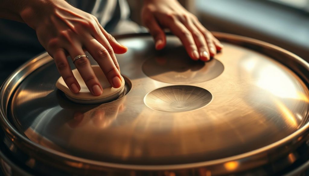 A close-up shot of a handpan drum, its sleek metallic surface glistening under warm, directional lighting. The player's hands are poised, fingers delicately caressing the concave sound chambers, coaxing out a mesmerizing rhythmic melody. The background is softly blurred, allowing the intricate details of the instrument to take center stage. The overall composition conveys a sense of focused concentration and the deep, meditative connection between the musician and their instrument, perfectly capturing the essence of "Développer son sens du rythme". A close-up shot of a handpan drum, its sleek metallic surface glistening under warm, directional lighting. The player's hands are poised, fingers delicately caressing the concave sound chambers, coaxing out a mesmerizing rhythmic melody. The background is softly blurred, allowing the intricate details of the instrument to take center stage. The overall composition conveys a sense of focused concentration and the deep, meditative connection between the musician and their instrument, perfectly capturing the essence of "Développer son sens du rythme".
