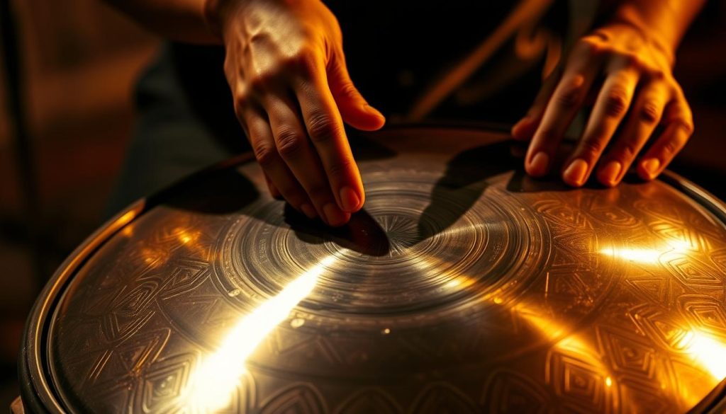 A close-up view of a performer's hands skillfully playing a handpan, a unique hand-played percussion instrument. The hands are positioned precisely, fingers gracefully striking the distinct concave steel tones. The instrument's intricate patterns and metallic sheen are clearly visible, illuminated by warm, focused lighting that casts dramatic shadows. The background is blurred, keeping the attention on the technical mechanics of the handpan performance. An atmosphere of concentration and artistry pervades the scene, conveying the essential techniques required to master this captivating musical tool. A close-up view of a performer's hands skillfully playing a handpan, a unique hand-played percussion instrument. The hands are positioned precisely, fingers gracefully striking the distinct concave steel tones. The instrument's intricate patterns and metallic sheen are clearly visible, illuminated by warm, focused lighting that casts dramatic shadows. The background is blurred, keeping the attention on the technical mechanics of the handpan performance. An atmosphere of concentration and artistry pervades the scene, conveying the essential techniques required to master this captivating musical tool.