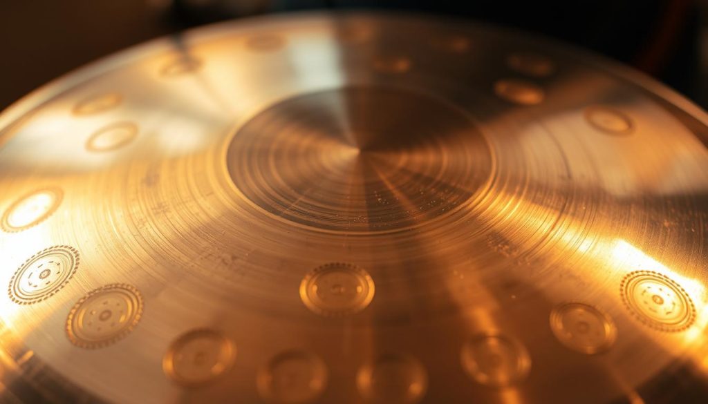 A close-up view of the metallic surface of a handpan, capturing the intricate patterns and textures of the resonant notes. The instrument is bathed in warm, golden lighting, creating a serene and meditative atmosphere. The camera angle highlights the subtle curves and contours of the handpan, drawing attention to the vibrant, harmonious tones that emanate from its carefully tuned notes. The background is softly blurred, placing the focus entirely on the instrument and its captivating resonance. A close-up view of the metallic surface of a handpan, capturing the intricate patterns and textures of the resonant notes. The instrument is bathed in warm, golden lighting, creating a serene and meditative atmosphere. The camera angle highlights the subtle curves and contours of the handpan, drawing attention to the vibrant, harmonious tones that emanate from its carefully tuned notes. The background is softly blurred, placing the focus entirely on the instrument and its captivating resonance.