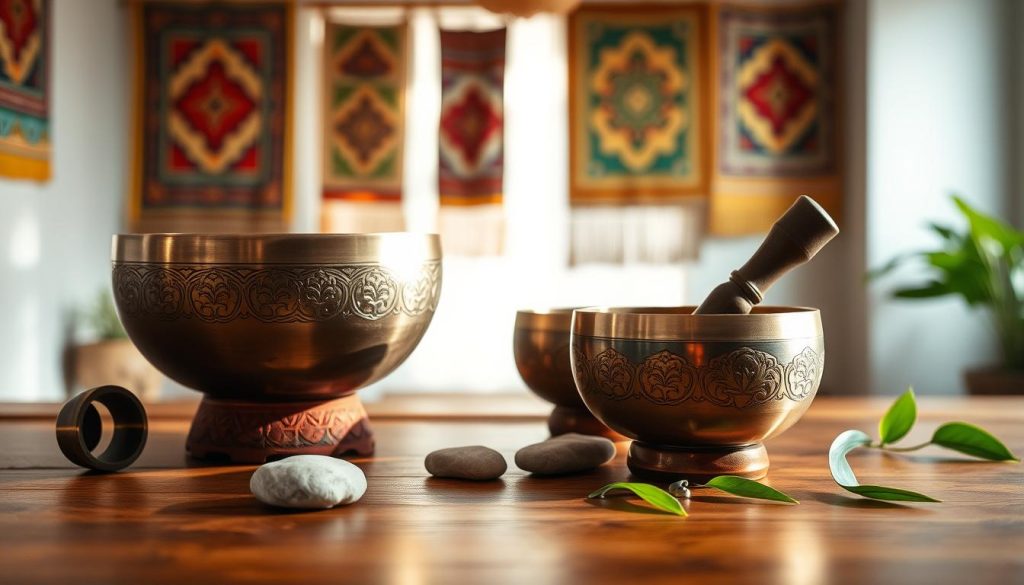 A collection of beautifully crafted Tibetan singing bowls arranged on a serene wooden table. The foreground features a large, intricately engraved bronze bowl, its surface shimmering in warm, soft light. Next to it, a smaller bowl with a delicate floral pattern, and a mallet resting on the side. In the middle ground, the table is adorned with natural elements like smooth stones and vibrant green leaves, enhancing the organic feel. The background is a tranquil space with soft, diffused lighting, showcasing a blurred view of a calming room decorated with Tibetan tapestries. The atmosphere is peaceful and reflective, evoking a sense of meditation and harmony. A collection of beautifully crafted Tibetan singing bowls arranged on a serene wooden table. The foreground features a large, intricately engraved bronze bowl, its surface shimmering in warm, soft light. Next to it, a smaller bowl with a delicate floral pattern, and a mallet resting on the side. In the middle ground, the table is adorned with natural elements like smooth stones and vibrant green leaves, enhancing the organic feel. The background is a tranquil space with soft, diffused lighting, showcasing a blurred view of a calming room decorated with Tibetan tapestries. The atmosphere is peaceful and reflective, evoking a sense of meditation and harmony.