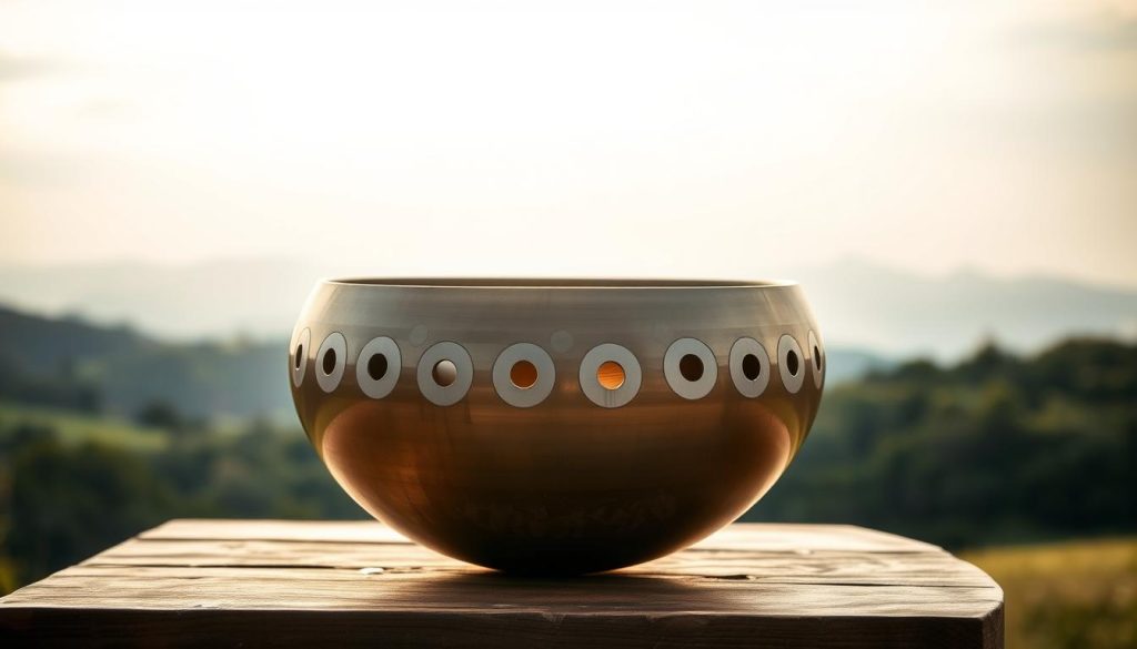 A handpan, a melodic percussion instrument, sits atop a wooden platform, its metallic surface reflecting the soft, warm lighting from above. The handpan's gentle curves and intricate sound holes create a mesmerizing visual, inviting the viewer to imagine the soothing, meditative tones it produces. In the background, a serene, natural landscape provides a calming backdrop, hinting at the instrument's connection to the natural world. The composition emphasizes the handpan's organic, earthy qualities, capturing the essence of its progressive, melodic construction. A handpan, a melodic percussion instrument, sits atop a wooden platform, its metallic surface reflecting the soft, warm lighting from above. The handpan's gentle curves and intricate sound holes create a mesmerizing visual, inviting the viewer to imagine the soothing, meditative tones it produces. In the background, a serene, natural landscape provides a calming backdrop, hinting at the instrument's connection to the natural world. The composition emphasizes the handpan's organic, earthy qualities, capturing the essence of its progressive, melodic construction.